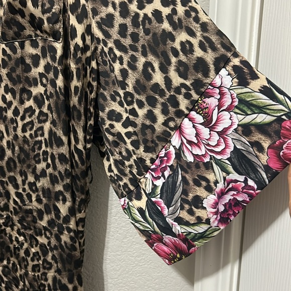 Dorina Dolores leopard print floral trim kimono robe Large Pink Brown No belt - Picture 9 of 12